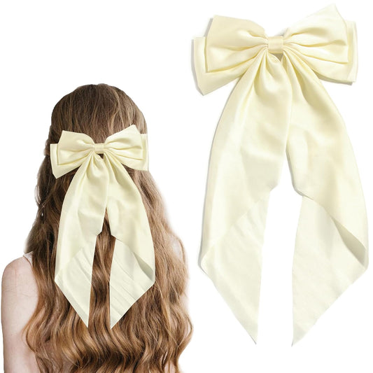 Women Big Bow Barrettes Girl's Satin Hairclips Long Ribbon Hair Pins Accessories For Party (Beige)