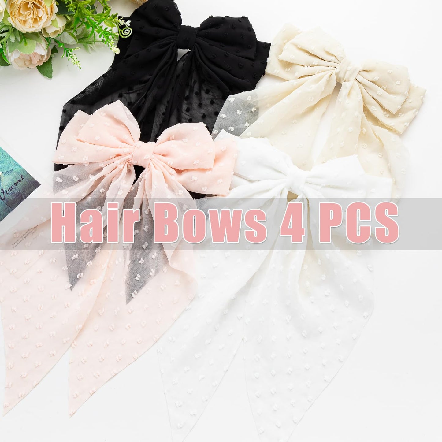 Large Hair Bows 4 PCS - Cute Oversized Ribbon Bows for Women in Beige, Light Pink, White, Black - Hair Barrettes for Different Occasions