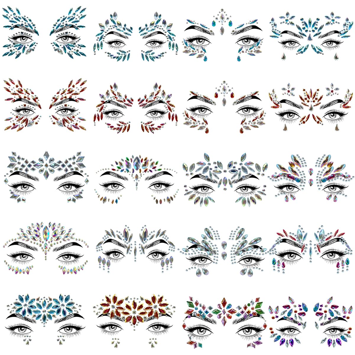 20 Sets Face Jewels - Mermaid Glitter Gems. Waterproof Temporary Tattoos for Eyes & Face. Ideal for Parties, Raves, Carnivals & Holiday Costumes - Top Rave Makeup Accessories
