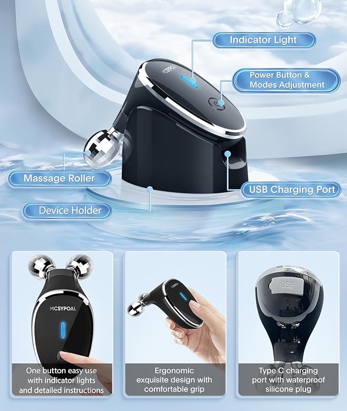 Microcurrent-Facial-Device, 5-in-1 Microcurrent Multifunctional Facial Massager, Face Roller Face Massager for Skin Care, Glossy Black