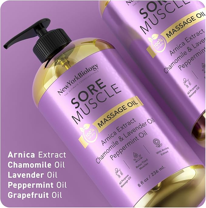 New York Biology Sore Muscle Massage Oil 8 Fl Oz – Made with 100% Natural Oils – Soothing Body Massage Oil - Absorbs Easily