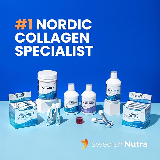 Swedish Nutra - Collagen Beauty | 10,000 mg Hydrolyzed Marine Collagen Liquid Supplement - 20 x 25 ml Daily Shots | Hyaluronic Acid and Vitamin C to Support Healthy Hair, Skin, Nails | Sugar-Free