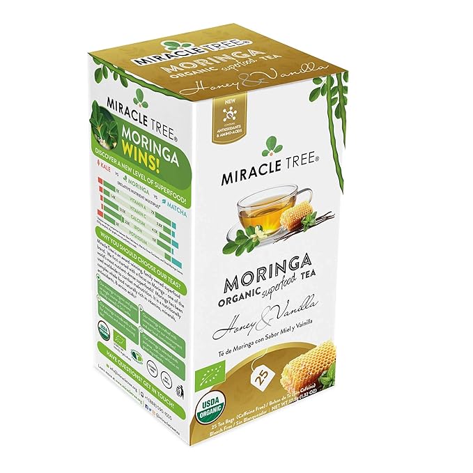 Miracle Tree - 6 Count of Organic Moringa Superfood Tea, 25 Individually Sealed Tea Bags, Honey & Vanilla (Keto, Detox, Energy/Immunity Booster, Vegan, Gluten-Free, Organic, Non-GMO, Caffeine-Free)
