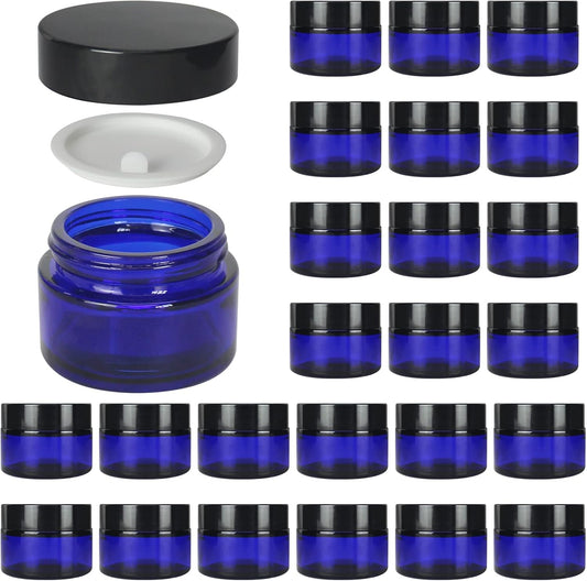 24 Pack 1 oz Round Blue Glass Cosmetic Jars with Inner Liners and Black Lids, Travel Glass Jars, Cosmetic Containers for Lip Balms, Powders, Makeup, Cream, Eyeshadow, Slime, Paint