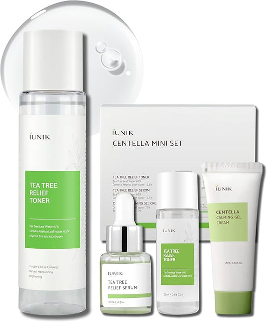 iUNIK Centella Mini Set, Travel Friendly Skincare Set, Ultra Calming and Hydrating for Sensitive Skin: Tea Tree Relief Toner,Serum, Centella Calming Gel with TTR Toner