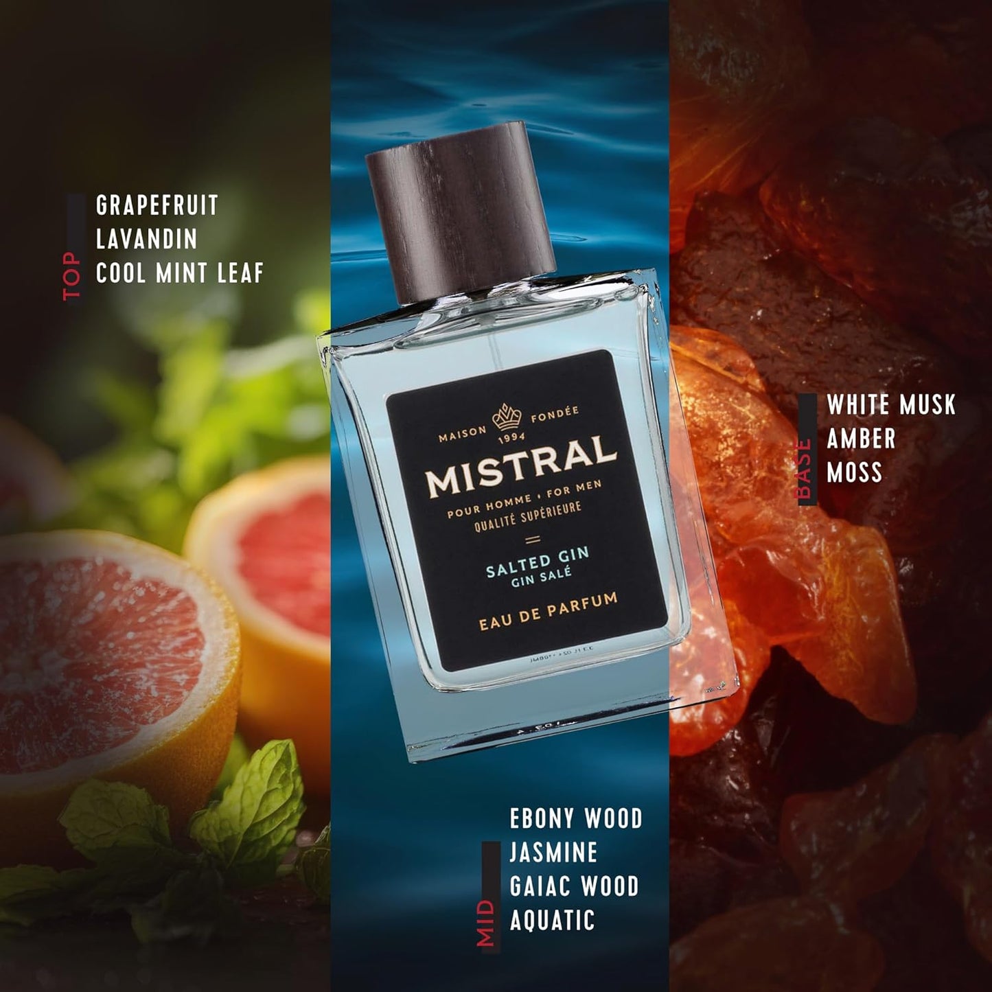 Mistral Men’s Cologne – Salted Gin Eau de Parfum | Fresh & Aquatic Masculine Scent with Grapefruit, Amber, Mint & White Musk | Cruelty-Free & Long-Lasting Perfume for Men, Made in France - 3.4 Oz