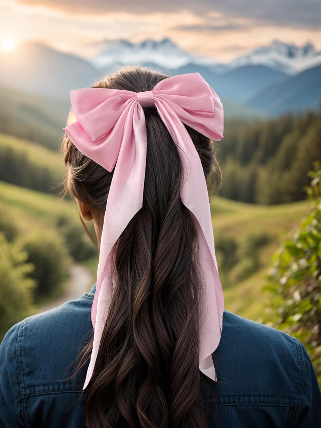 SUSULU Pink Hair Bows for Women, 2pcs Big Long-Tail Ribbon Accessories, Hot Pink Barrettes for Party Birthday