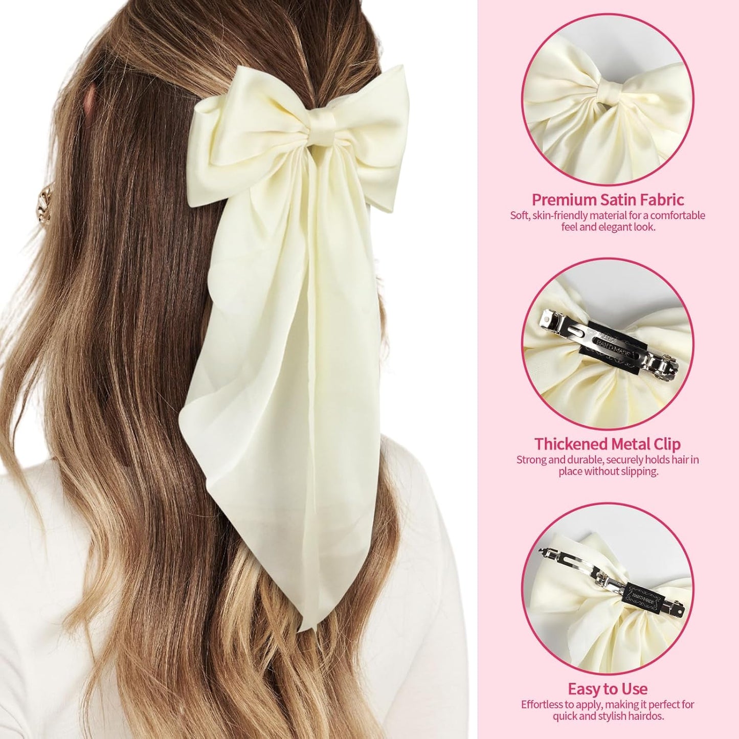 Silky Satin Hair Bows for Women Girls - 4PCS Ribbon Bows for Hair, Big Bow Hair Clips with Long Tail, Barrettes - Cute Hair Accessories Gifts (Hot Pink, Light Pink, Royal Pink, Beige)