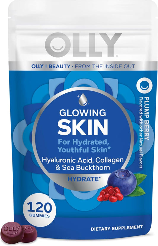 OLLY Glowing Skin Collagen Gummy, Hydrated, Youthful Skin, Hyaluronic Acid, Sea Buckthorn, Chewable Supplement, Berry, 60 Day Supply - 120 Count Pouch