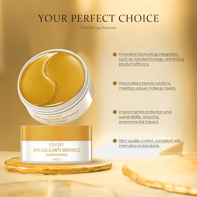 Gold Infused Eye Patches - 24K Gold Eye Masks for Dark Circles, Puffy Eyes, and Wrinkles, Anti-Aging Treatment with Collagen & Hyaluronic Acid, Deep Hydration & Firming (60 Pcs)