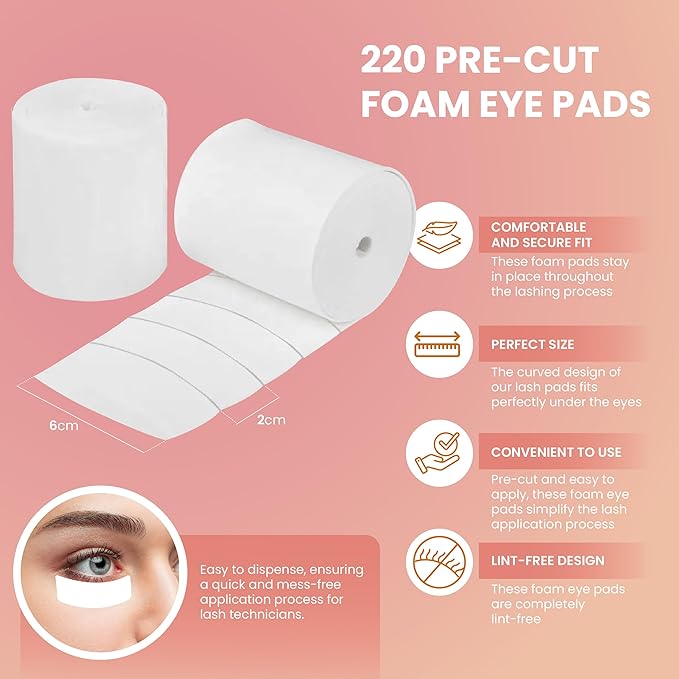 Foam Eye Pads for Eyelash Extensions - 2 Rolls with 110 Pre-Cut Self-Adhesive Under Eye Pads - Lint-Free Lash Pads for Eyelash Extension Application - Gentle Foam Eyelash Pads for Salon Use