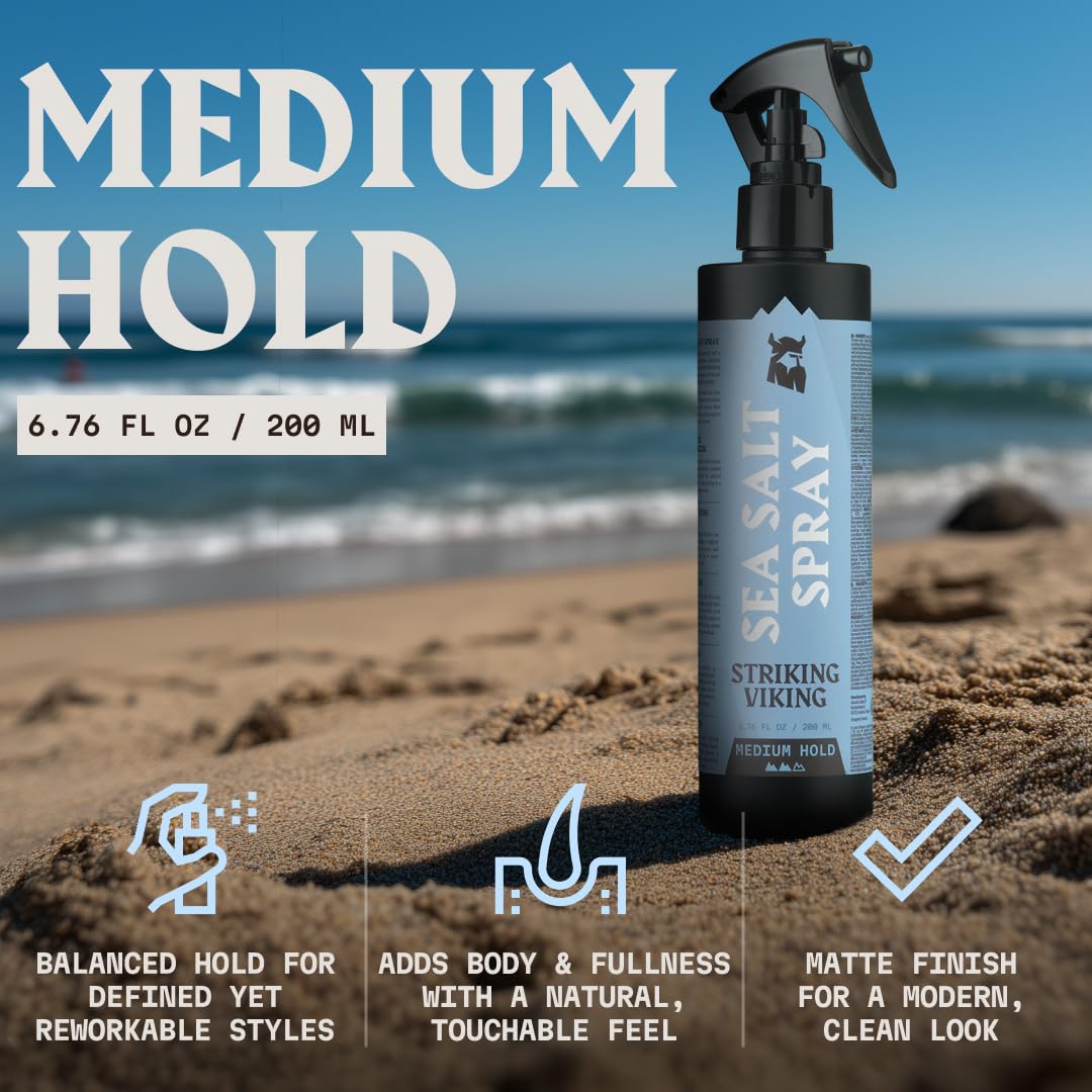 Striking Viking Sea Salt Spray for Men - Medium Hold - 6.76 Fl Oz (200ml) Blue Ocean Scent - Texturizing, Volumizing & Curl Enhancing - Beachy Texture Salt Spray for Hair