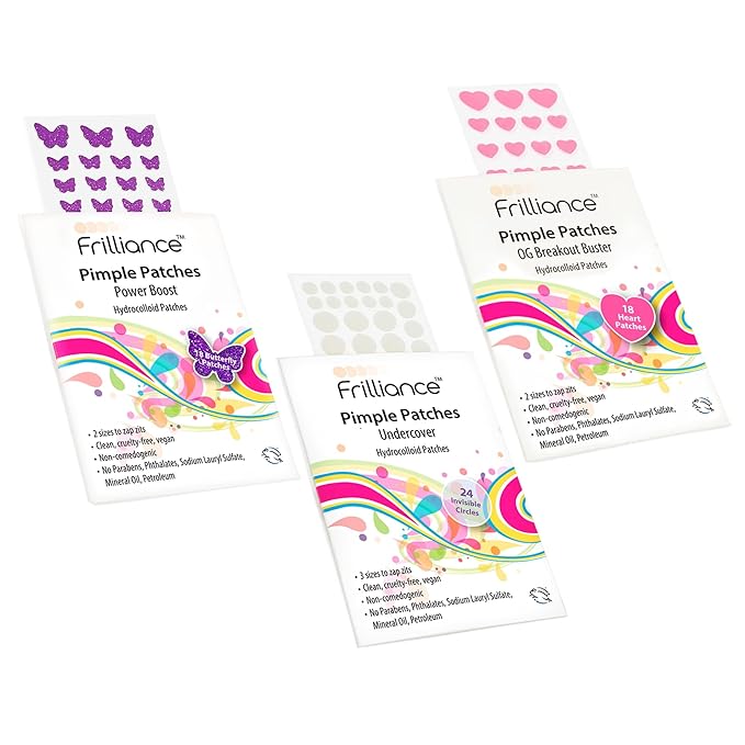 Frilliance Hydrocolloid Acne Pimple Patches for Zits and Blemishes 3 Pack Bundle, Pink Heart, Purple Butterfly & Clear Circle Spot Treatment Stickers for Face & Skin, Vegan and Cruelty Free