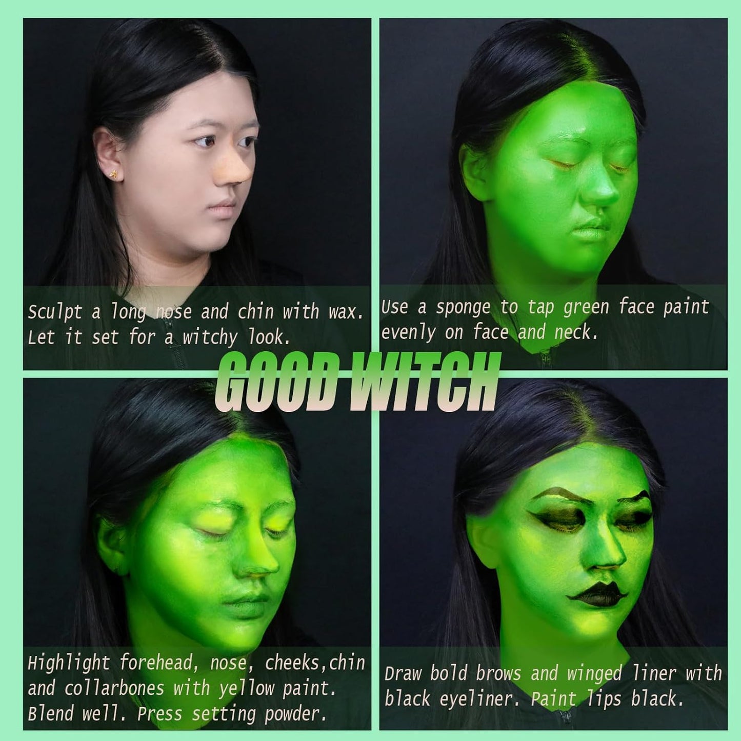 Halloween Elphaba Makeup Kit,Complete Black Green Yellow Face Body Paint with Scar Wax SFX Makeup Set,Frankenstein Green Witch Costume with Setting Powder for Stage,Cosplay, and Theater