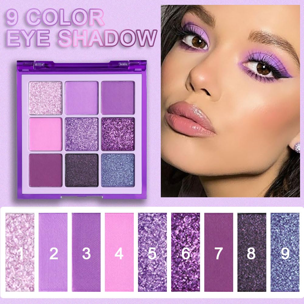 evpct 9 Colors Purple Glitter Eyeshadow Palette, Lavender Violet Purple Pink Glitter Metallic Shimmer Sparkly Eye Shadow Palette Makeup for Older Women Blue Eyes, Waterproof Highly Pigmented Eyeshadow