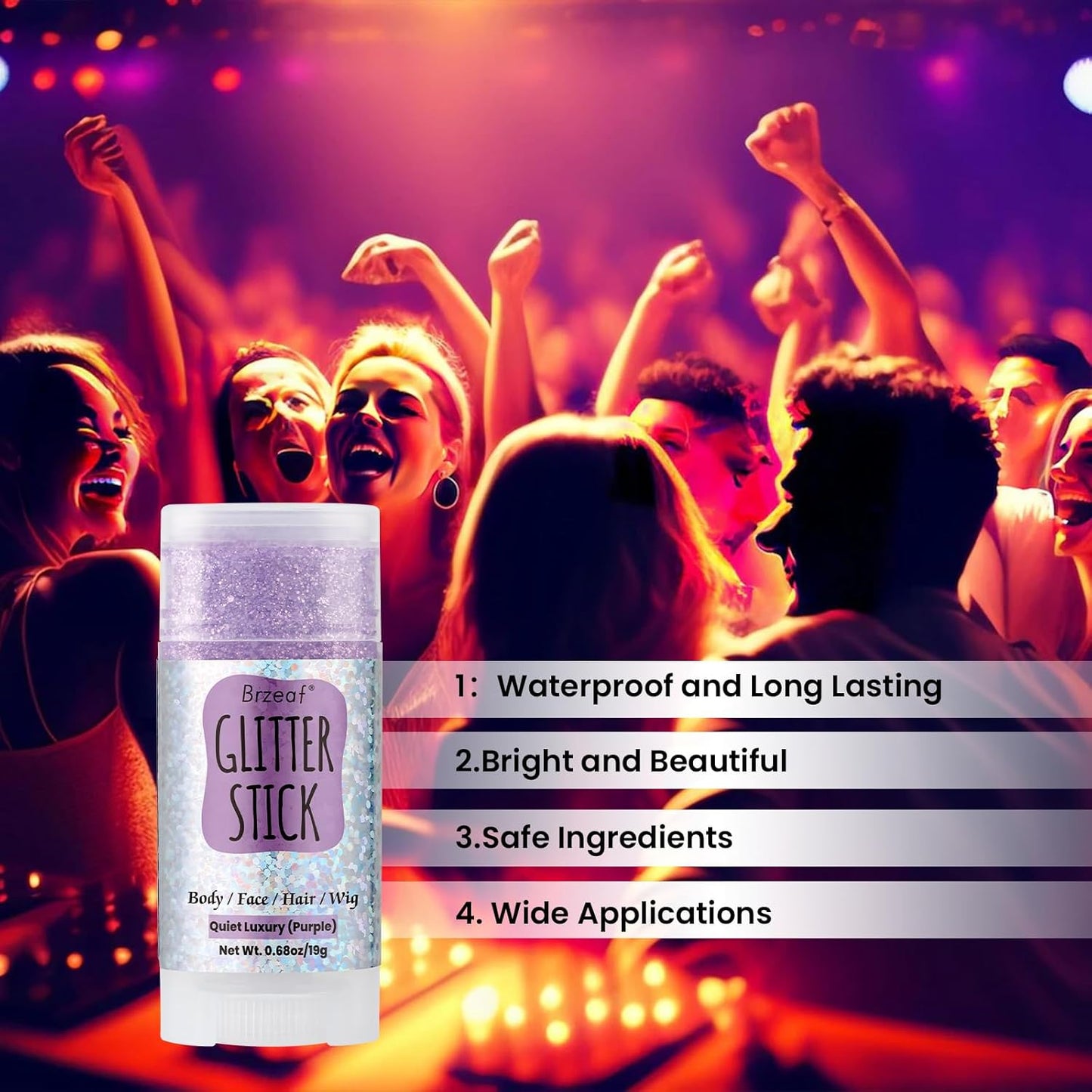Brzeaf Waterproof Purple Glitter Stick, Shimmery&Long Lasting, Halloween Chunky Glitter for Face/Body/Hair/Eyes, Singer Concert Music Rave Festival, Glitter Stick Makeup for Women Men