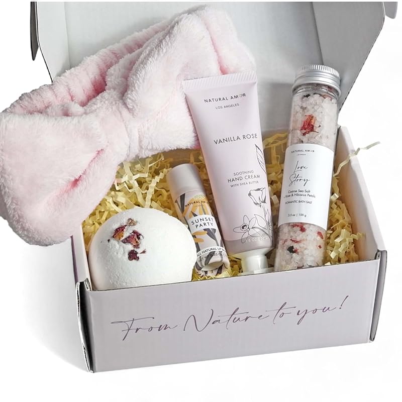Natural Amor Handmade Spa Gifts for Women, Thank you Gift, 5pcs Gift Set for Women,Includes Bath Salt, Bath Bomb, Lip Balm