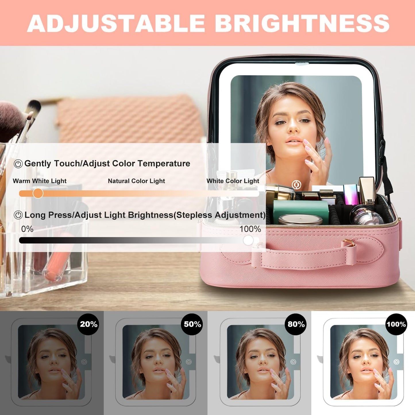 Mocado Travel Makeup Bag with LED Lighted Mirror, Travel Makeup Organizer, Makeup Case with 3 Color Lighted Setting and 10x Magnifying Mirror, Portable Storage and Adjustable Dividers Makeup Box(Pink)