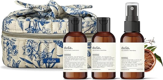 Dusa Grapefruit Gift Set: Room Spray Grapefruit Fragrance (2 oz), Premium Hydrating Hand Cream (2 oz), Soothing Hand Soap & Toile de Jouy Makeup Pouch – Ideal Luxurious Gift for Mothers Day
