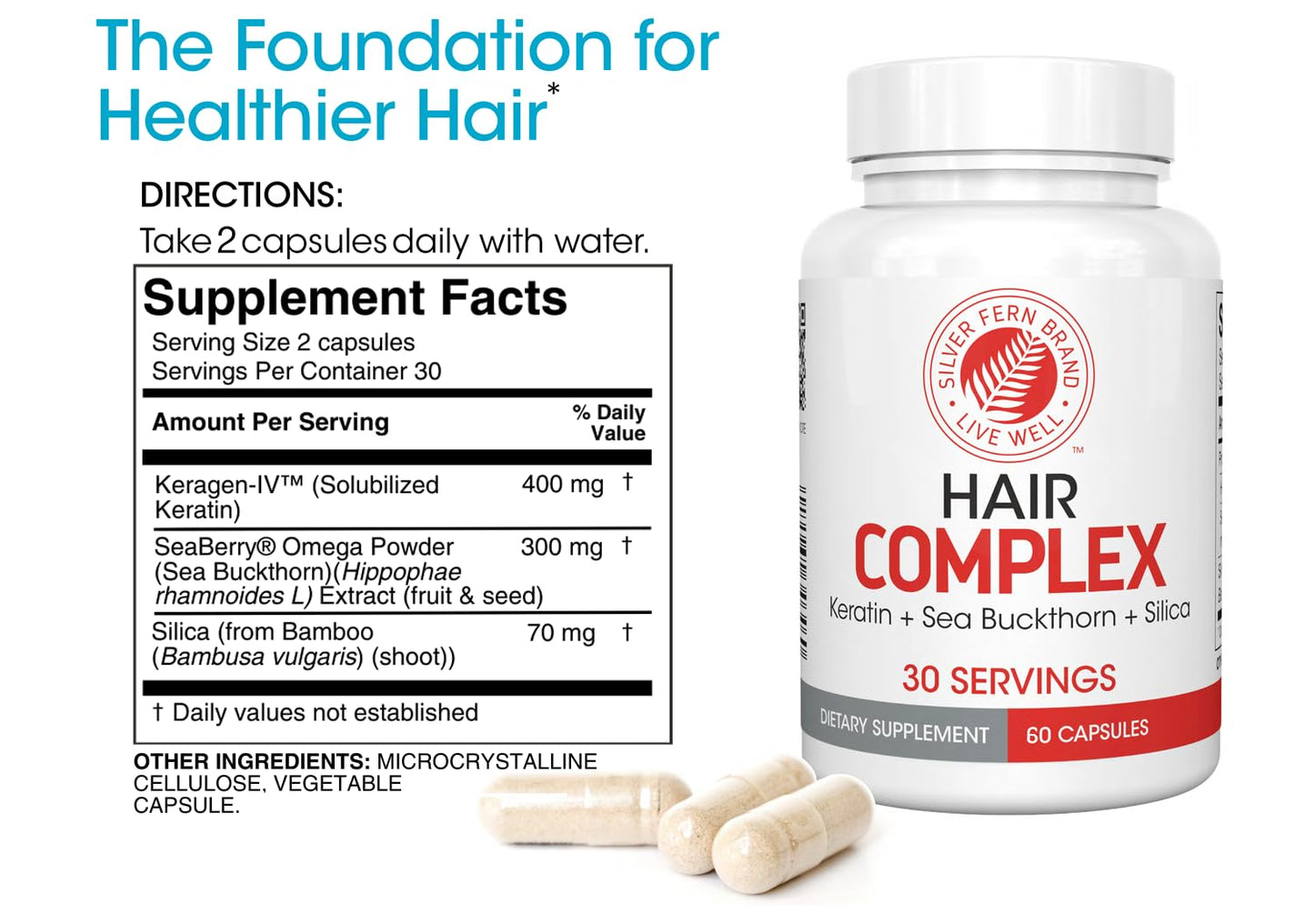 Silver Fern Hair Complex Hair Supplement for Promoting Healthy Hair - Each Bottle Contains 30 Days of Powder Supply - 2 Bottles