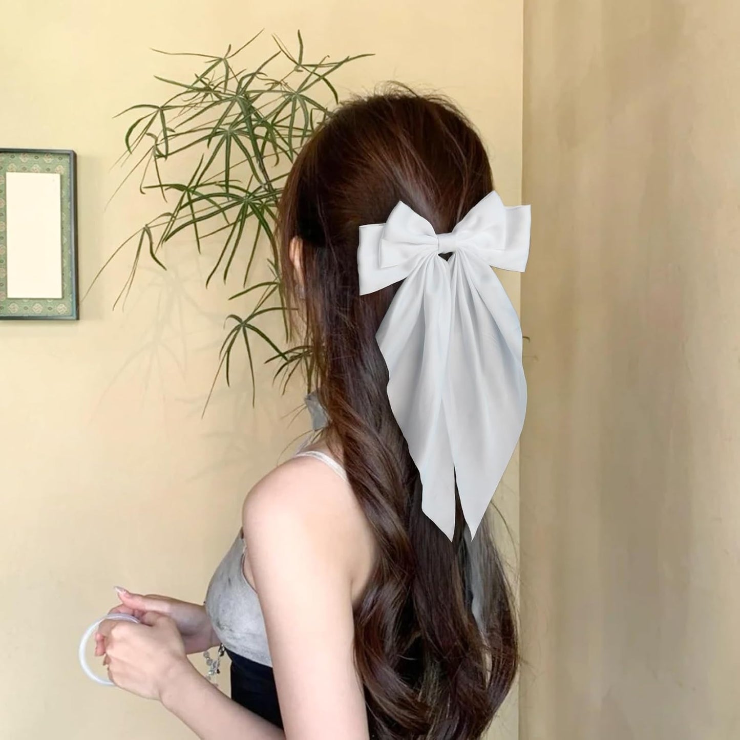 TULOBI 2Pcs Silky Satin Hair Bows for Women with Long Tail Coquette Big Hair Ribbon Hair Clip Aesthetic Hair Accessories - White