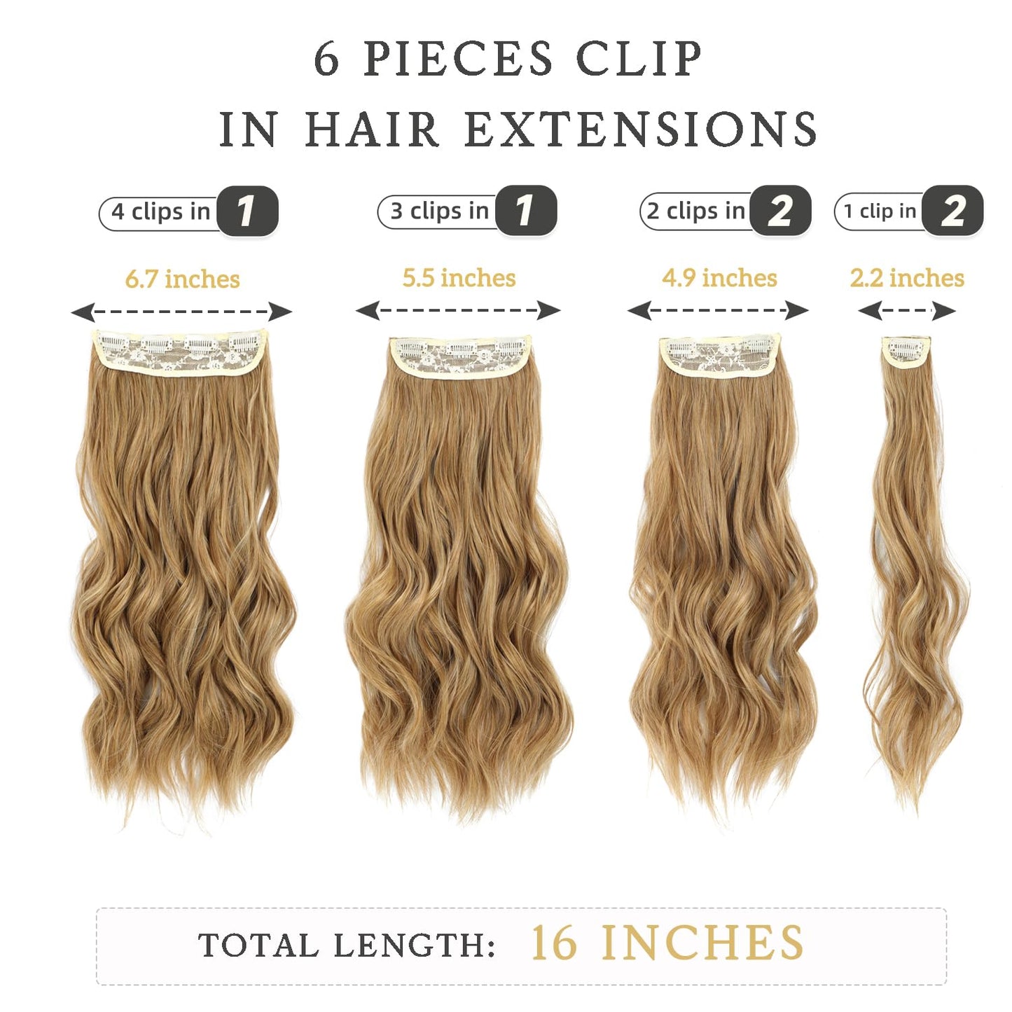 Clip in Hair Extensions, 6 PCS Natural & Soft Hair & Blends Well Hair Extensions, Lonng Wavy Hairpieces(16inch, 6pcs,Golden Blonde)
