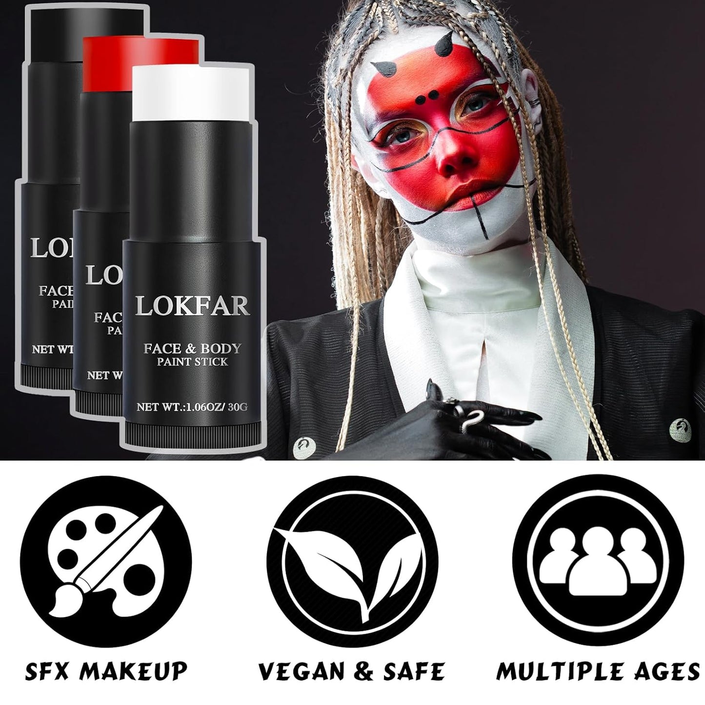 Black & Red & White Face Body Paint Stick, White Foundation Makeup, Football Baseball Eye Black Stick, Professional Halloween Face Makeup Kit for Zombie Clown Vampire Skeleton Joker Costume