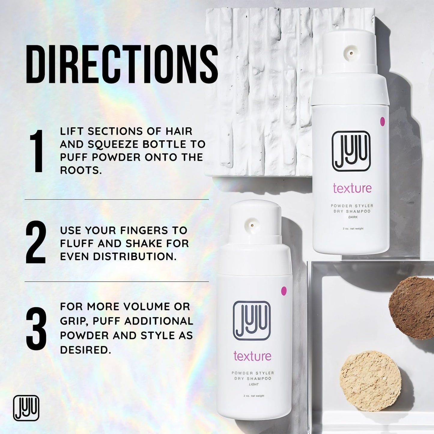 Juju Styling Texture Powder & Travel Size Dry Shampoo for Women & Men Pump 2 Oz (Light) - Non Aerosol Dry Shampoo for Women, Hair Texturizer for Volume, Fragrance Free Hair Care for All Types of Hairs