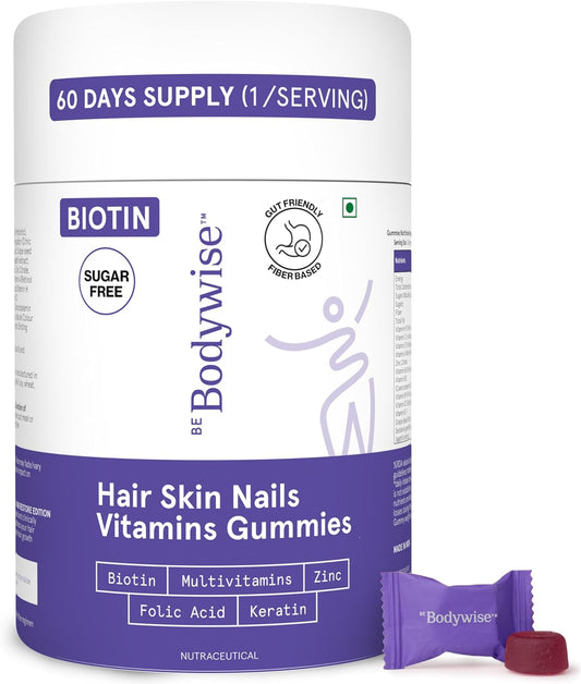Be Bodywise Biotin Hair Growth Gummies for Women I Sugar Free I Hair Skin and Nails Vitamins I Biotin, Zinc, Folic Acid, Vitamin C, Keratin & Multivitamin I 100% Vegan, Gluten Free I 60 Day Pack