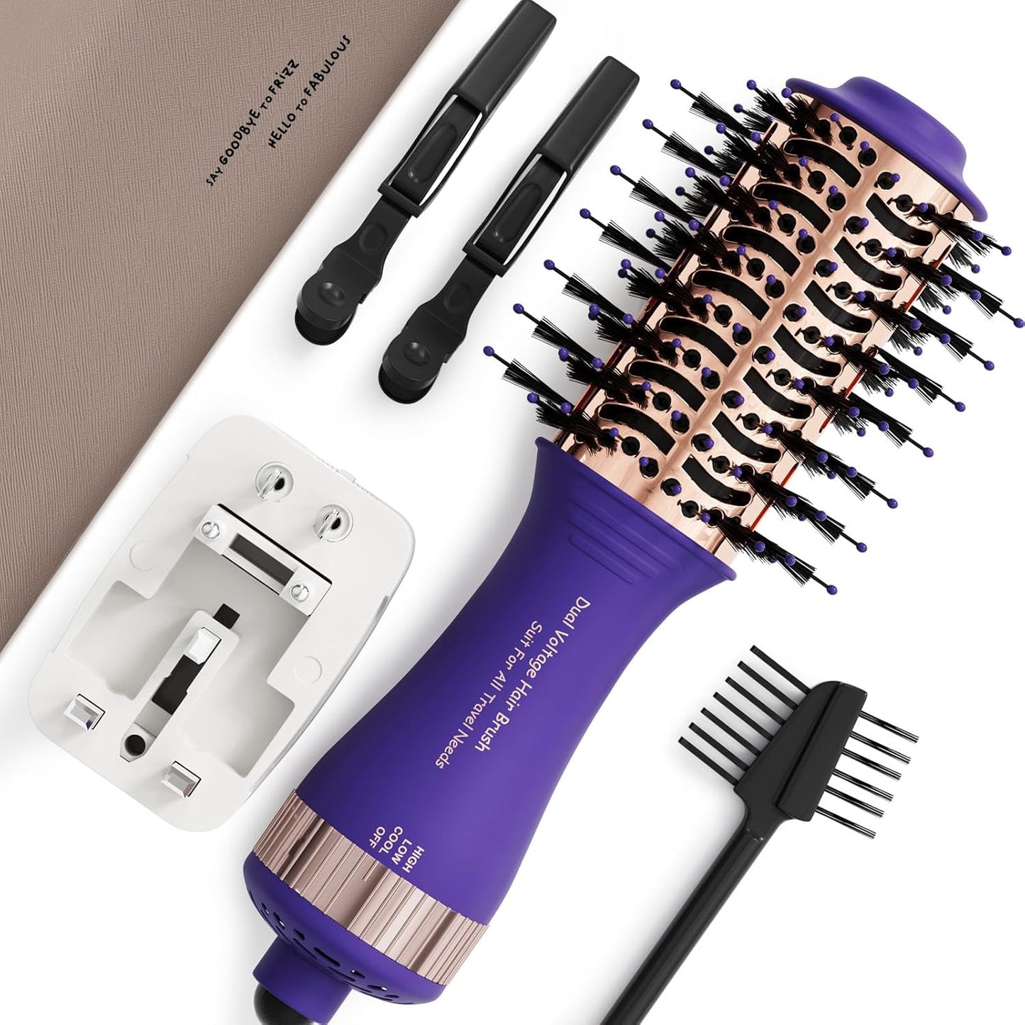 Hair Dryer Brush Blow Dry Brush in One, 2 Inch Oval Shape Hot Air Brush, Travel Hair Tools/Volumizer/Straightener/Curler, European Blow Dry Brush with Universal Adapter