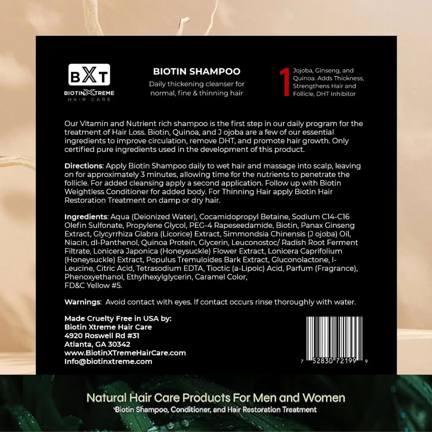 Biotin X Treme Hair Natural Shampoo for Hair Loss & Thinning Hair - Color-Safe, DHT Blocker, Sulfate-Free, Paraben-Free - For Men & Women - Promotes Hair Growth, Strengthens, and Thickens - 16 oz