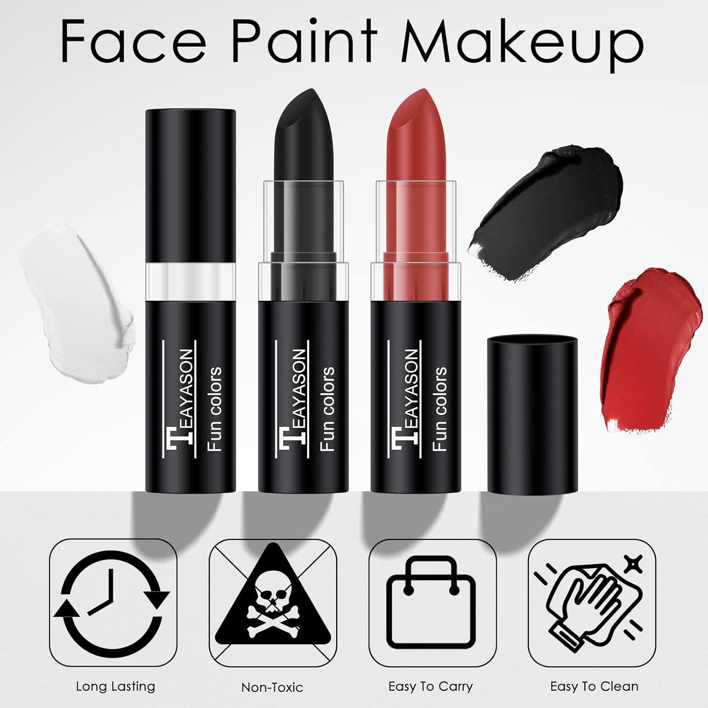 3 Colors White Black Red Face Body Paint Stick, Eye Black Lipstick Face Paint for Baseball/Football/Halloween Accessories Vampire/Witch/Clown Makeup Cream Face& Body Paint Easy to Blend