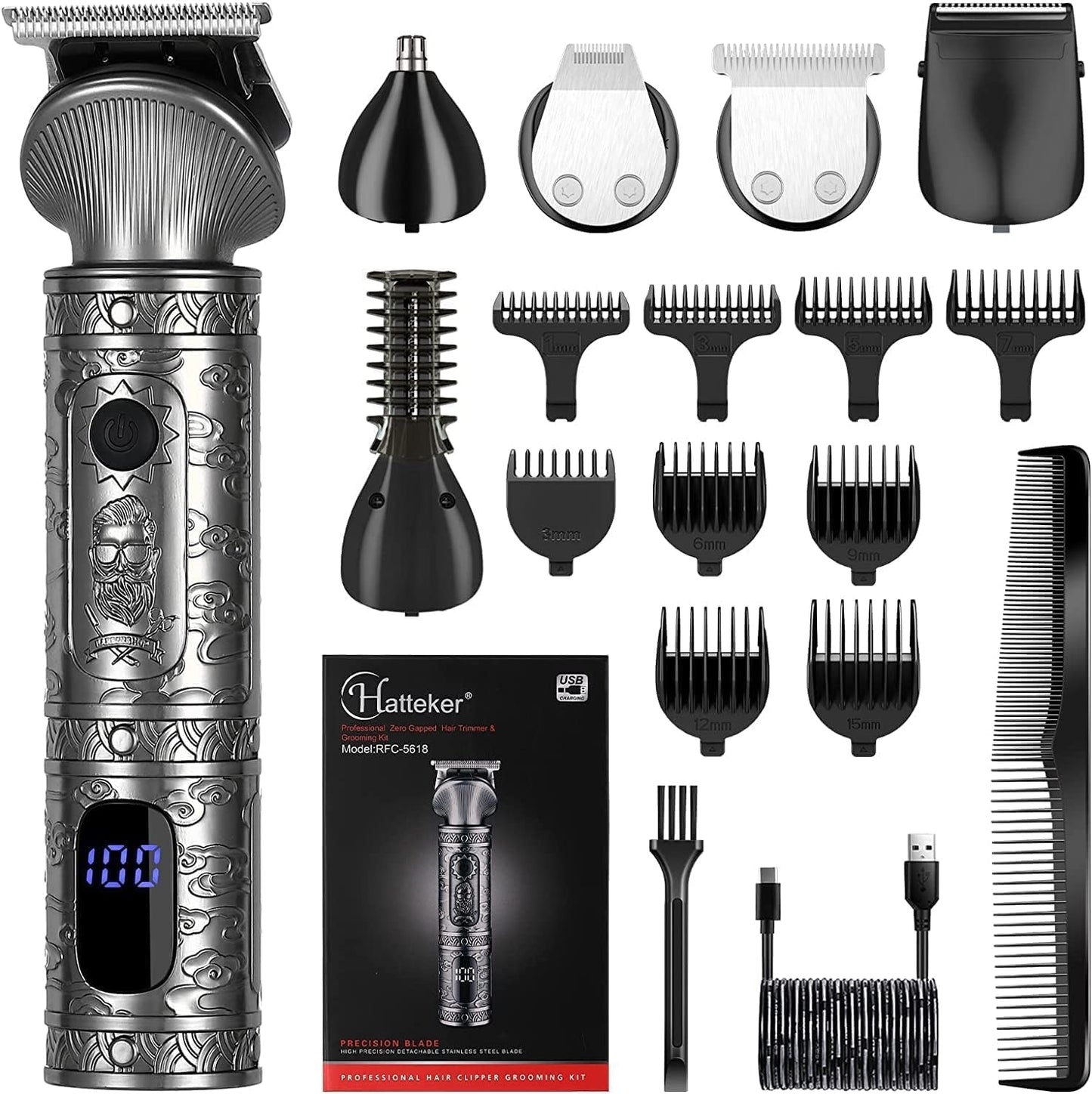 Hatteker Beard Trimmer Kit for Men Professional Hair Clipper T-Blade Beard Hair Shaver Nose Trimmer Hair Cutting Kit Body Grooming Kit Cordless 6 in 1