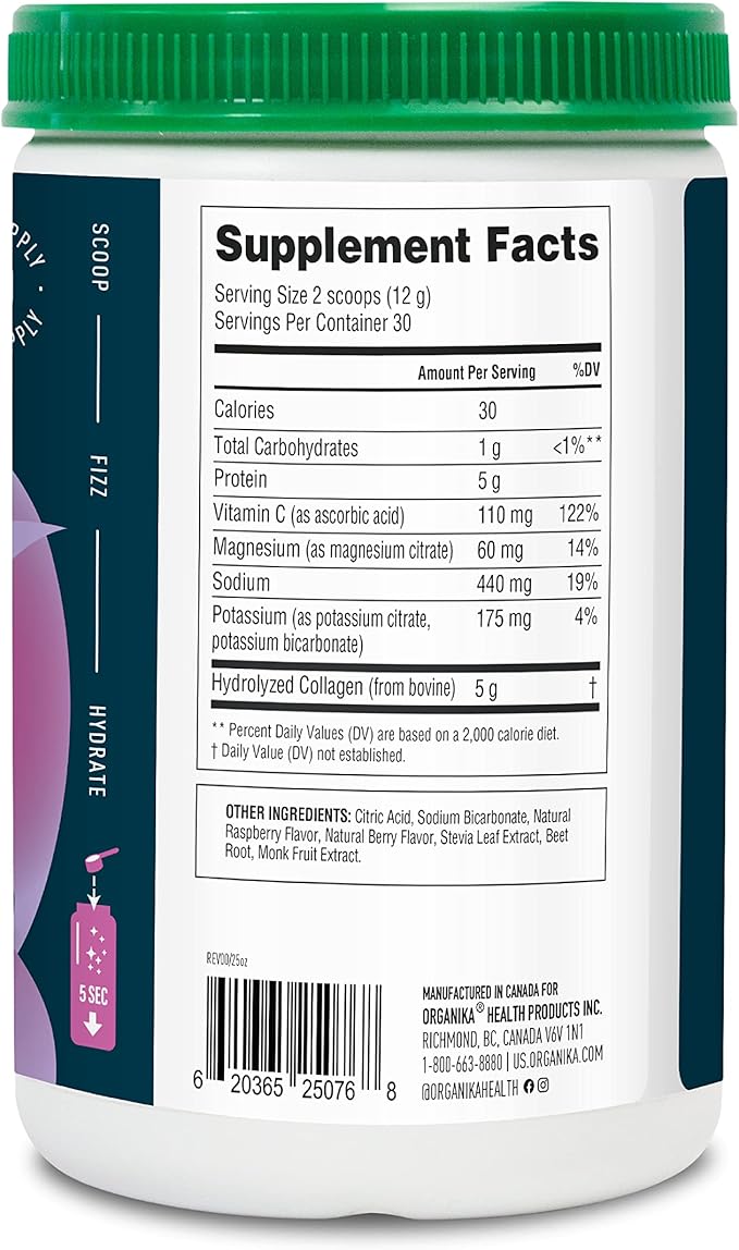 Organikа Electrolytes with Enhanced Collagen Powder for Women & Men - 360g - Wild Berry-Flavored Effervescent Electrolyte & Collagen Drink Mix - Deep Hydration, Mobility, Skin, Hair, & Nails