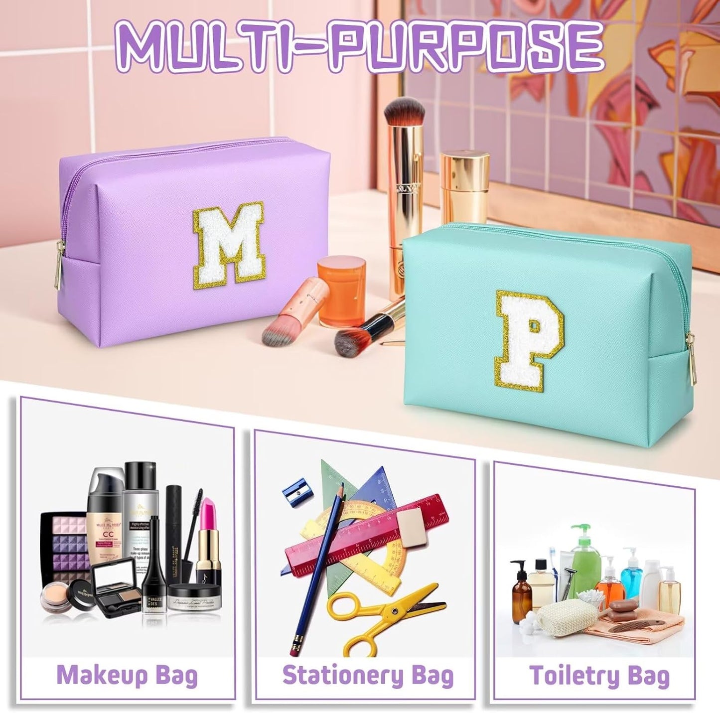 TOPEAST Preppy Patch Makeup Bag, Chenille Letter Pouch Cosmetic Bag, PU Leather Waterproof Toiletry Bag, Personalized Birthday Gift for Women Girl, Cute Stuff for Girls (Purple B)