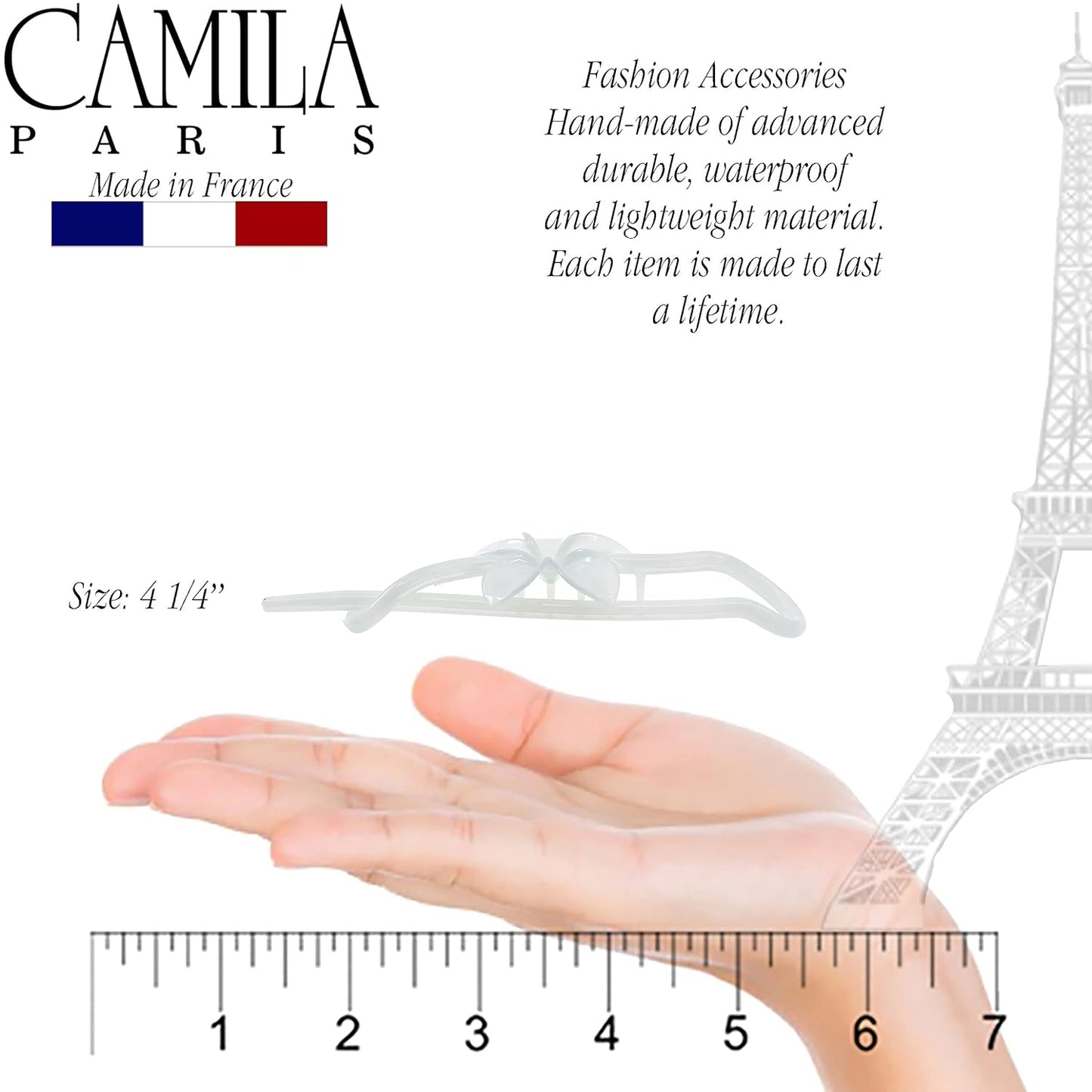 Camila Paris CP3193 French Hair Barrette Pin Clips for Girls, Flower, White, No Metal Parts, Strong Hold Grip Hair Clips for Women, No Slip and Durable Styling Girls Hair Accessories, Made in France