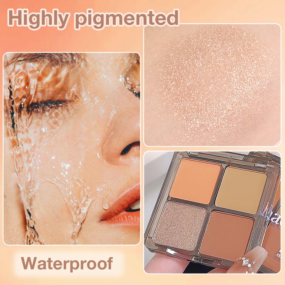 Eyeshadow Quads Blendable Glitter Matte Eyeshadow Palette, Orange Khaki Nude Champagne Gold Sparkly Four Eyeshadow Palette Makeup,Everyday Nature Long-Lasting Waterproof Women Girls Eye Shadow 3#