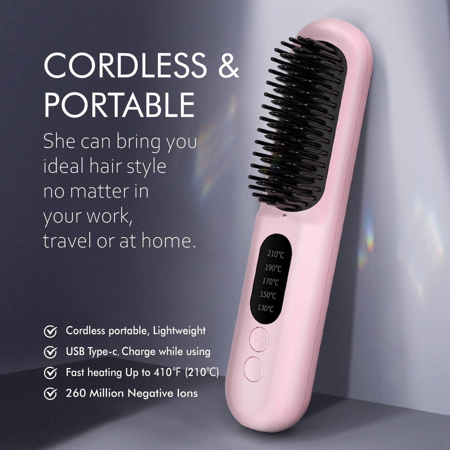 Mindrain Mini Cordless Hair Straightener Brush Pro A+, Portable Straightening Brush for Travel, Ionic Hot Comb Straightener, USB Rechargeable, It can be Used While Charging, Gifts for Women. (Pink)