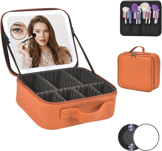 Travel Makeup Bag With LED Mirror,Cosmetic Train Case with 3 Color Setting,Cosmetic Makeup Organizer Bag with Adjustable Dividers,Portable Make up Box with Make up Brushes Holder Storage（Caramel）