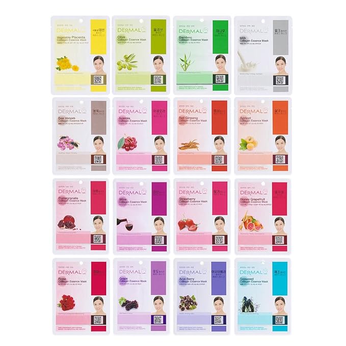 DERMAL 16 Combo Pack B Collagen Essence Korean Face Mask - Hydrating & Soothing Facial Mask with Panthenol - Hypoallergenic Self Care Sheet Mask for All Skin Types - Natural Home Spa Treatment Masks