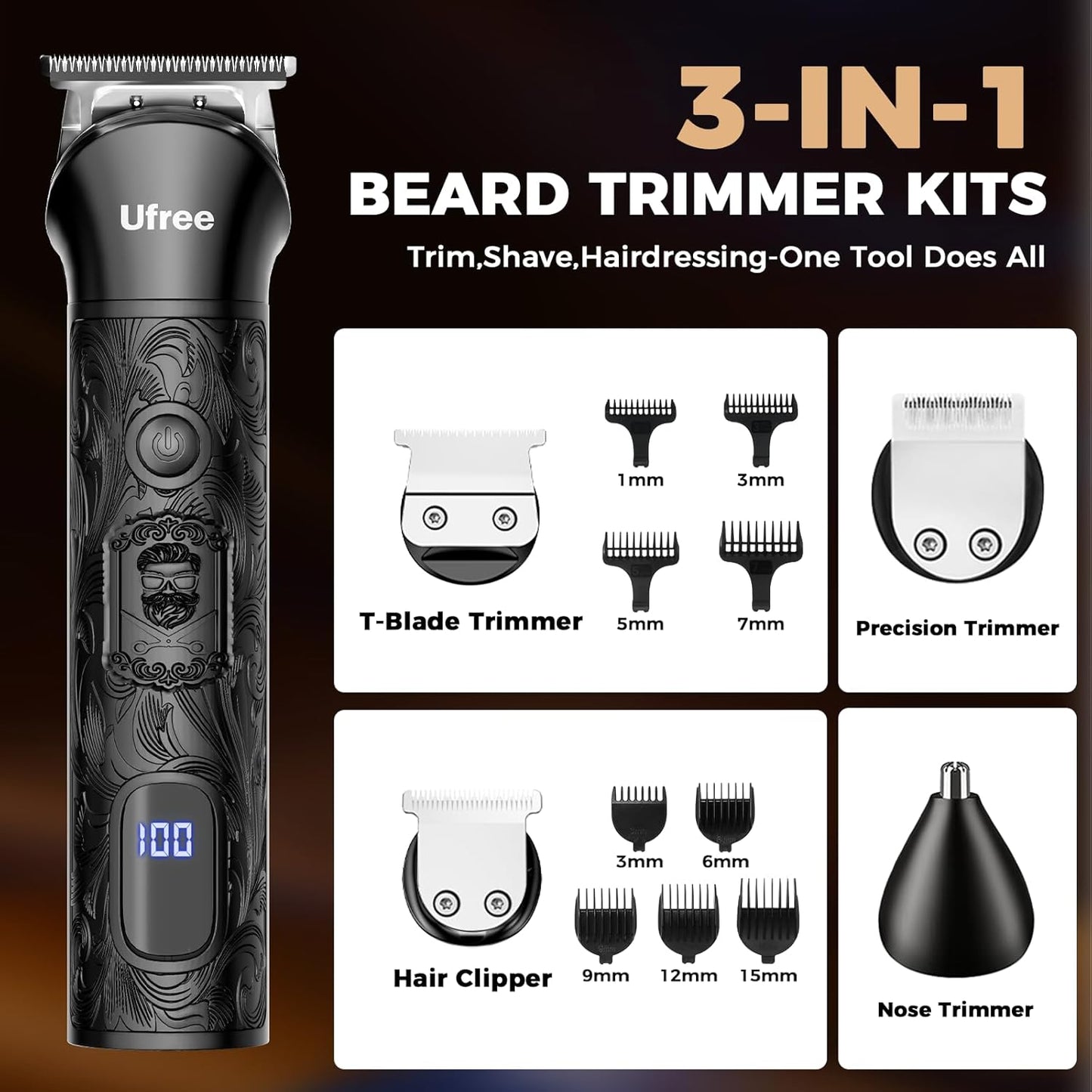 Ufree Beard Trimmer for Men, Foil Shaver Electric Razor, Shavers for Body Face Nose Ear, Cordless Hair Trimmer, Professional Hair Clippers, Mustache Grooming Kit Birthday Gifts for Men