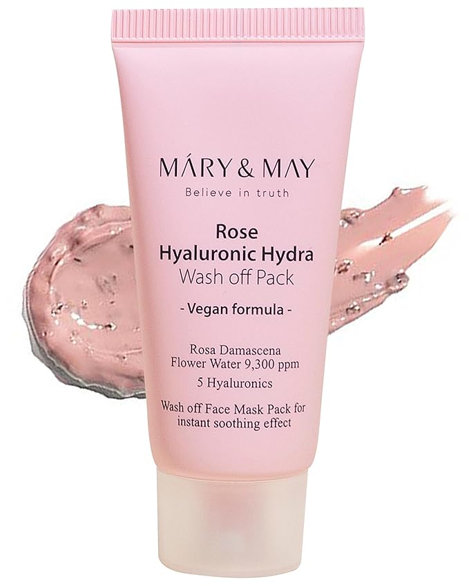 Mary&May Vegan Rose Hyaluronic Hydra Wash Off Mask - Rose Petal and Damask Rose Water Cream Mask for Moisturizing, Exfoliation, and Blackhead Removal - Korean Skincare, 1.01oz.