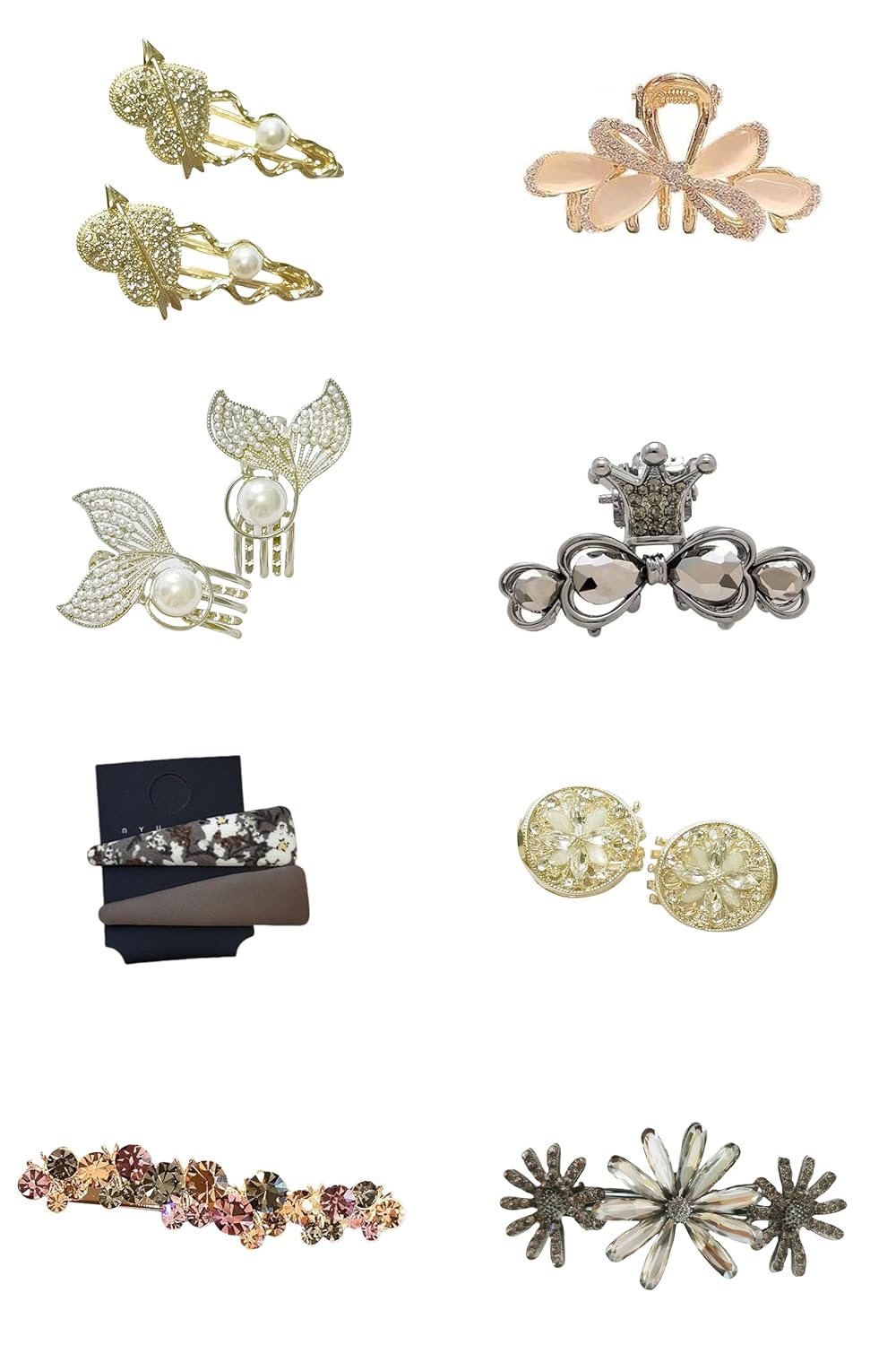 Haireve Cabin 8-piece Elegant Hairpin Set - Crystal/Pearl/Diamond/MetalHairpins, suitable for girls/teenagers, side hairpins, half-up hairpins, for bangs/updos/styling.(Combo A)