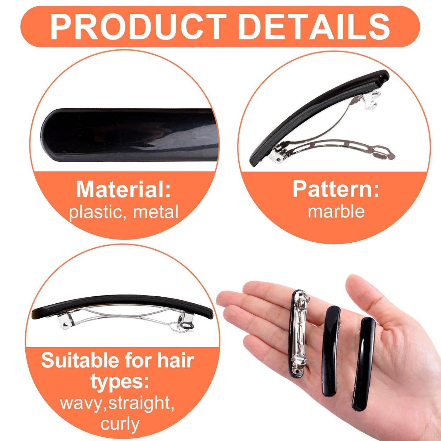 4pcs French Barrettes for Women, Non-Slip Head Oval Hair Clips, Curved Glossy Hairpins Styling Tool for Long Short Straight Curly Wave Hair- Black