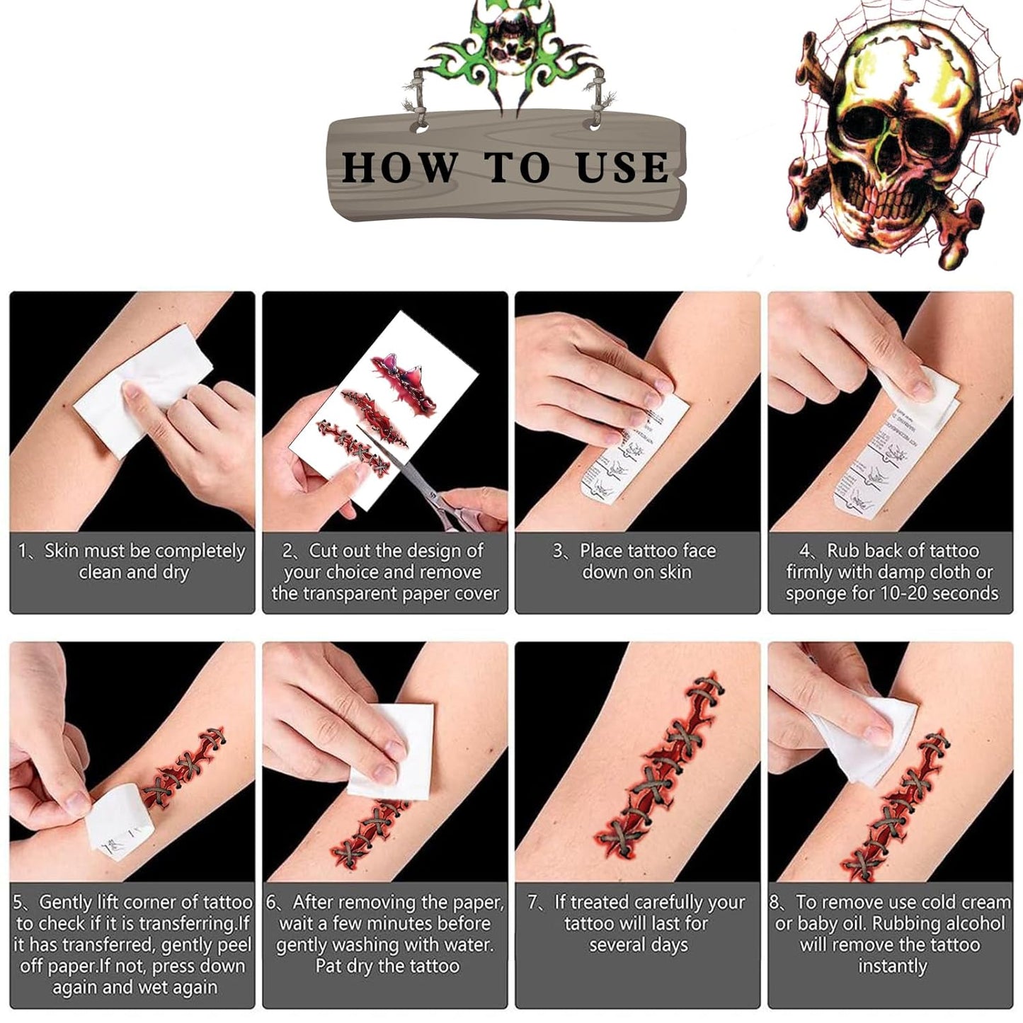 Halloween Zombie Makeup, 12 Sheets Halloween Fake Scars Bloody Wound Temporary Tattoos, Halloween Party Cosplay Vampire Makeup Tattoos for Women Men Kids
