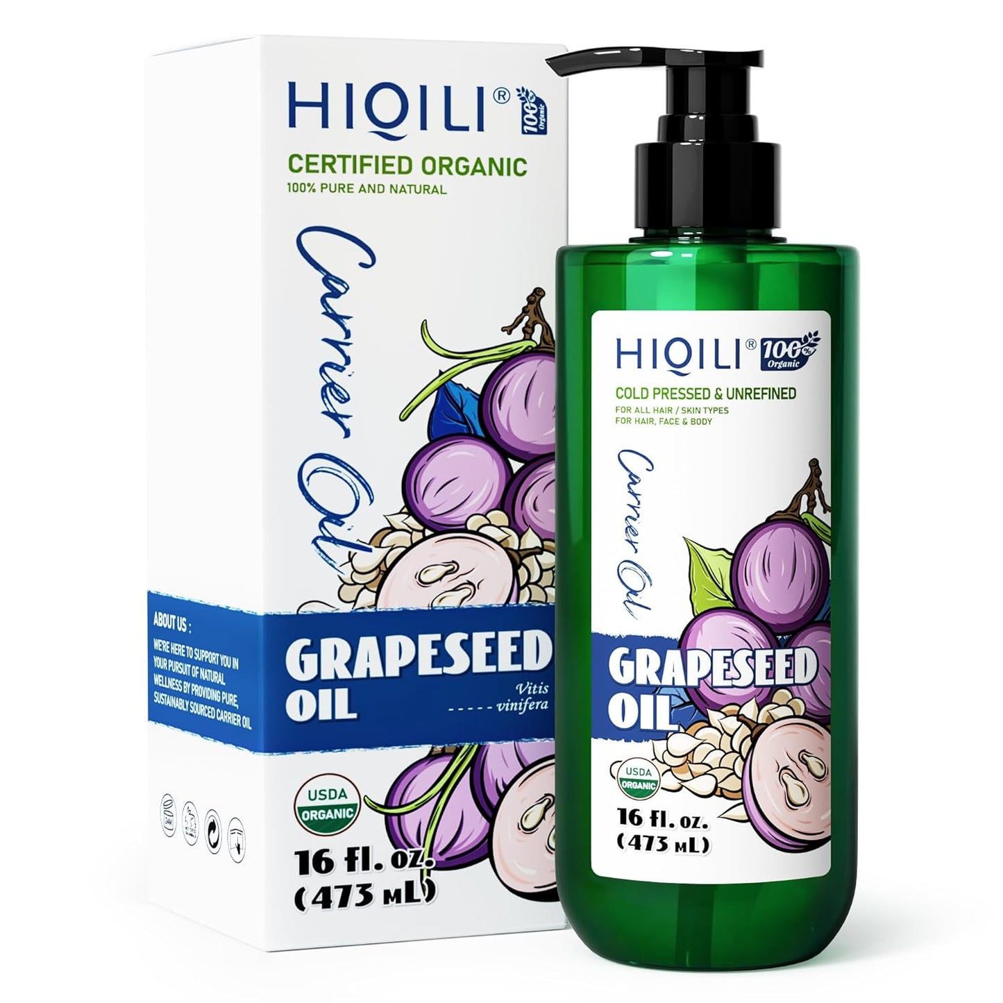 HIQILI 16 Fl Oz Organic Grapeseed Oil for Hair, for Skin, Carrier Oil for Essential Oils Mixing, 100% Pure & Natural-473ML