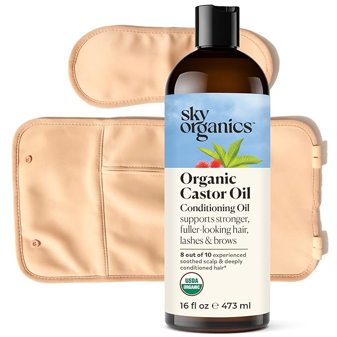 Sky Organics 16oz Castor Oil w/Wraps | Reusable Organic Castor Oil Pack to Boost Body's Wellness, Encourage Rest & Relaxation | Adjustable Elastic Straps Cotton Durable Easy to Use