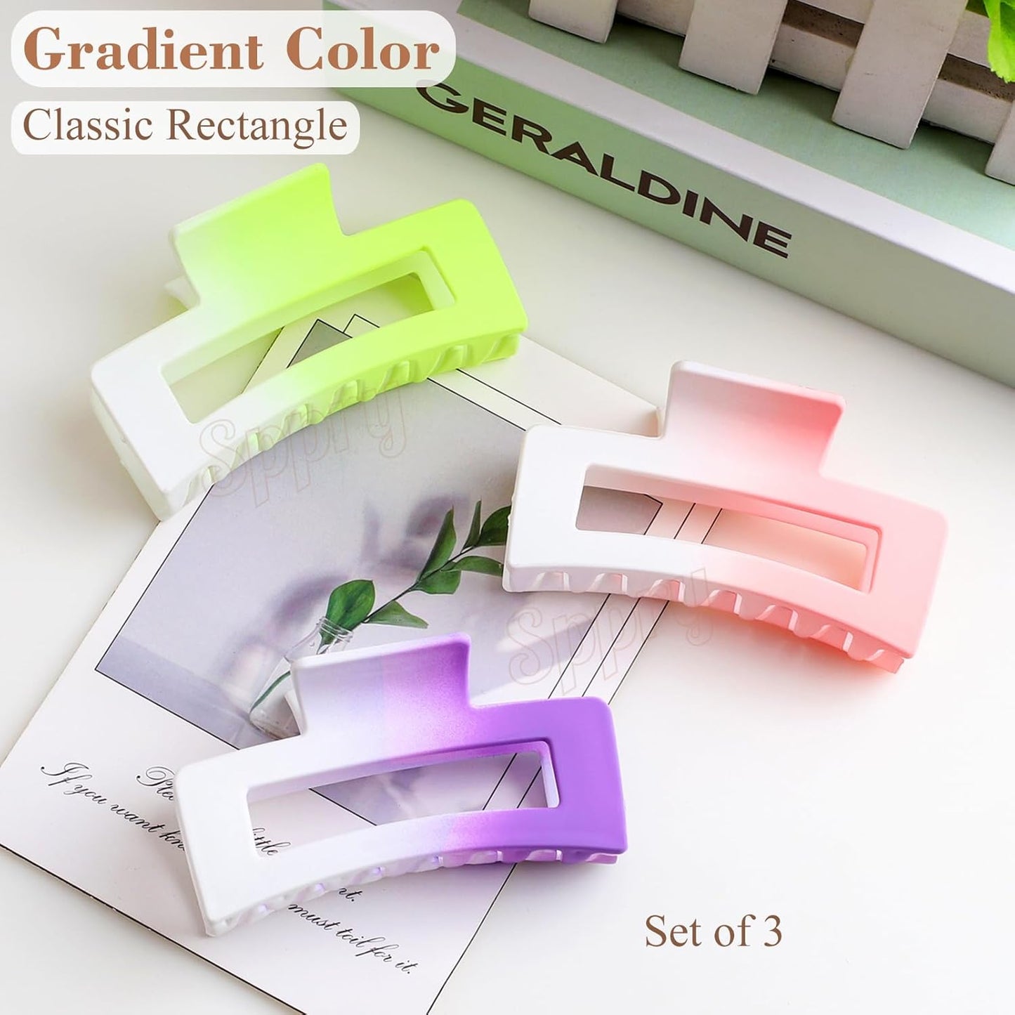 Medium Rectangle Matte Claw Clips for Women Thin Hair, Gradient Color, Set of 3 (Light Pink, Purple & Green)