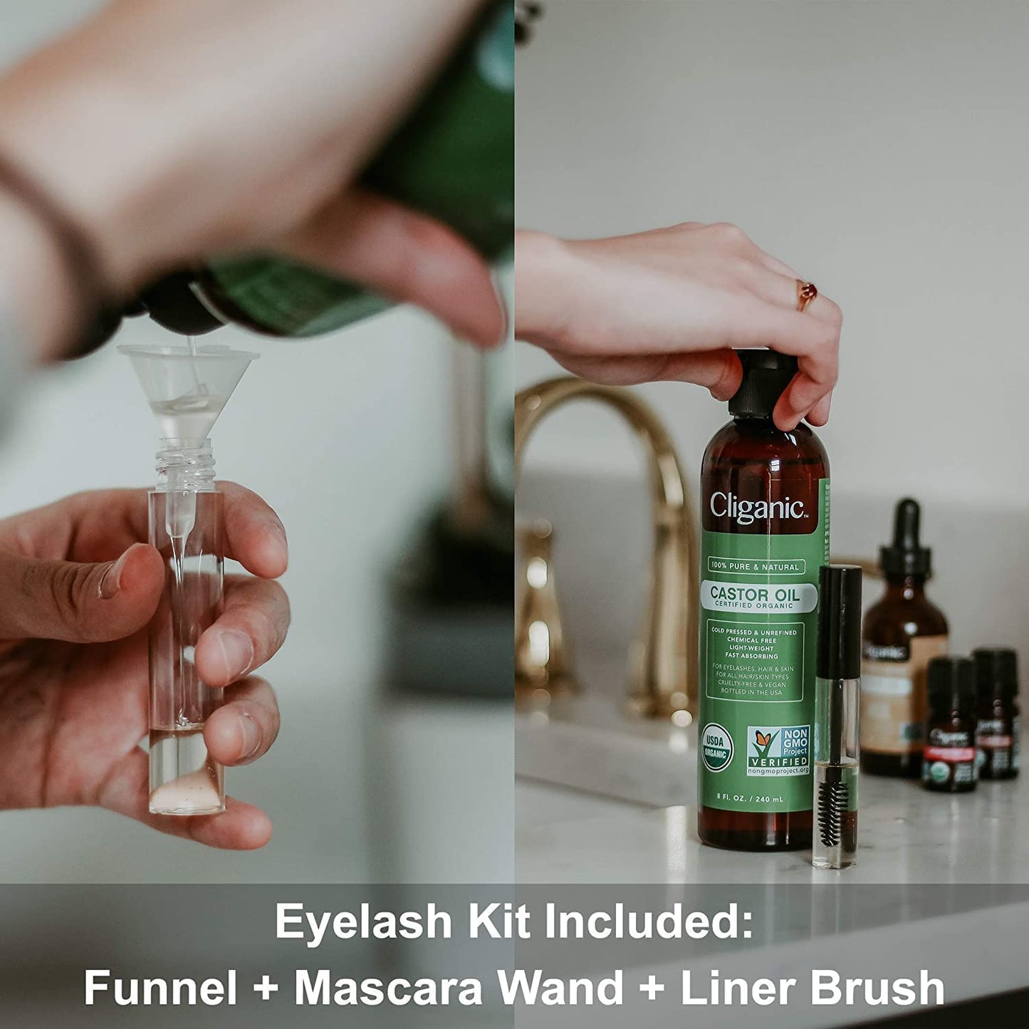 Cliganic Organic Castor Oil, 100% Pure (6oz with Eyelash Kit) - For Eyelashes, Eyebrows, Hair & Skin (Pack of 2)