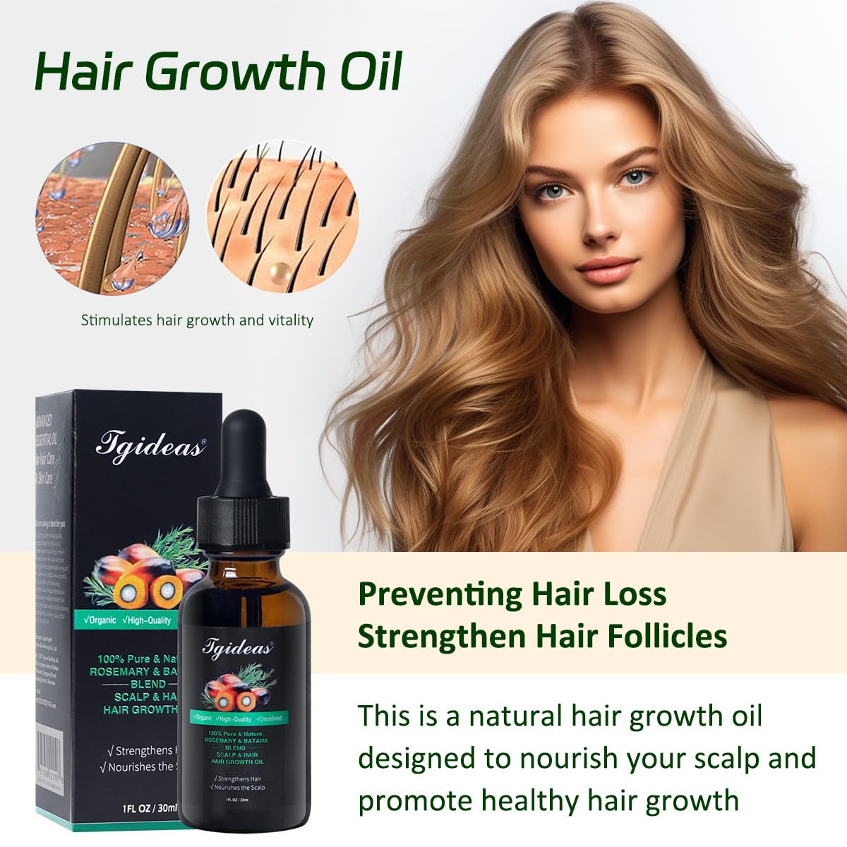 Tgideas Rosemary Batana Oil - Organic Hair Growth - for Scalp & Hair Strengthening - All Hair Types Treatment Oil - Eyebrow & Eyelash Nourishing - 2 Packs